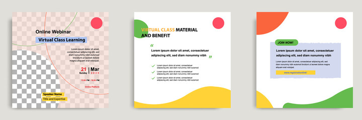 Set bundle collection colorful abstract background of social media post template. Layout for online live webinar, conference, training, seminar, course, and learning video.