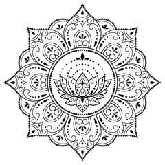 Circular pattern in form of mandala with Lotus flower for Henna, Mehndi, tattoo, decoration. Decorative ornament in ethnic oriental style. Outline doodle hand draw vector illustration.