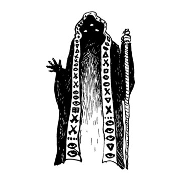 Etched vector illustration. Contemporary street art work. Hand drawn ink sketch of scary ghost in gown hood hold cane in hand and watch. Deathly Hallows and medieval plot. Halloween nightmare.