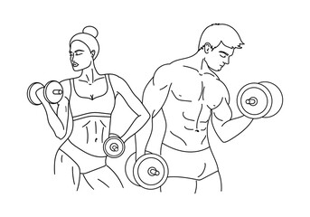Fototapeta na wymiar Muscle man and woman with dumbbells. Bodybuilders outline silhouette or sketch. Gym, workout, fitness, powerlifting logo concept. Vector illustration.