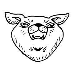 Black and white vintage etched art. Ink drawn ghotic clipart for sticker, tattoo, print. Snout of angry snarling guard dog bared its fangs. Fierce wild animal with protruding ears.