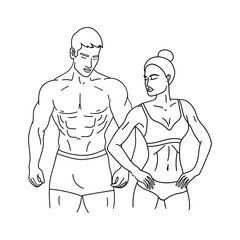 Muscle man and woman outline silhouette or sketch. Bodybuilders concept. Gym, workout, fitness, powerlifting logo design. Vector illustration.