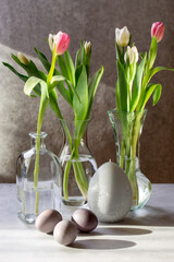 Colorful Easter eggs and tulips in glass vases on gray background on a sunny day. Happy Easter concept.