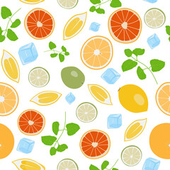 Colorful seamless pattern with lemons, ice-cubes, mint leaves, oranges and grapefruits. Vector