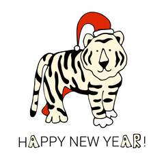Happy New Year. Symbol of 2022. Cute white tiger. Christmas. Vector illustration.Wild animal. Cute animal character idea for child and kid printable stuff and t shirt, greeting card