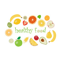 Healthy food card with colorful fruits. Vector