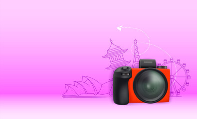 Digital camera on violet background with copyspace. Travel banner