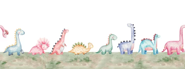 Papier Peint photo Chambre de bébé motif de bordure transparente avec des dinosaures de différents types, illustration pour enfants aquarelle mignon