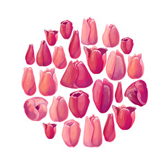 Round template with fresh red tulips. Circle with pink and red flowers. Pretty illustration can be used as spring template.