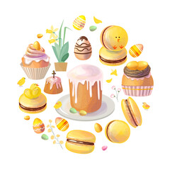 Round template with festive Easter elements, traditional food and painted eggs.  Circle with desserts, drinks and pastry. Pretty illustration can be used as food template for restaurant and cafe menu.