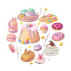 Round template with festive Easter elements, traditional food and painted eggs.  Circle with desserts, drinks and pastry. Pretty illustration can be used as food template for restaurant and cafe menu.