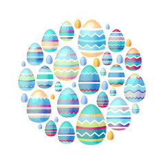 Round template with festive Easter elements, painted eggs. Circle with cute childish ornament. Pretty illustration can be used as spring template.