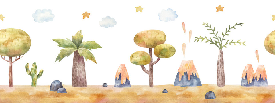 seamless border pattern with volcanoes, trees, stars,  jungle, childrens illustration in watercolor