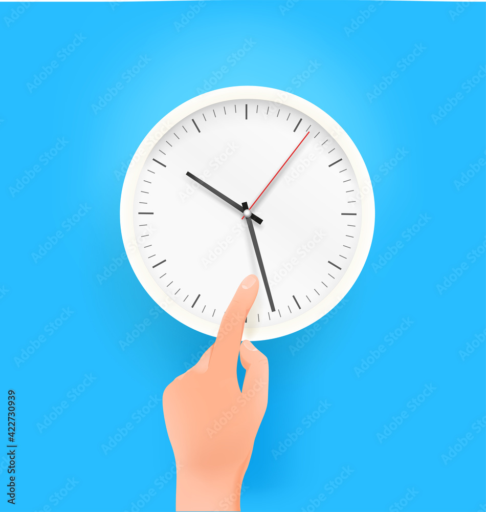 Poster time management vector concept. finger is touching clock arrow