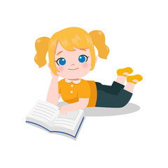 Cute girl lying on the floor to read a book. Flat vector cartoon design isolated on white