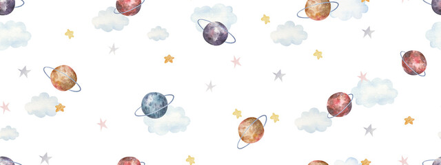 seamless pattern with space, stars, planets, cute watercolor childrens illustration © Ilona