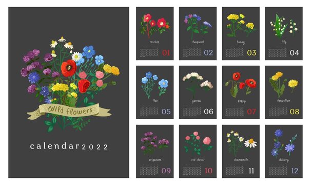 Floral wall vertical calendar for 2022, the week starts on Sunday. Template A4 format calendar set of month with wild flowers, meadow herbs, plants. Botanical posters. Cartoon vector illustration.