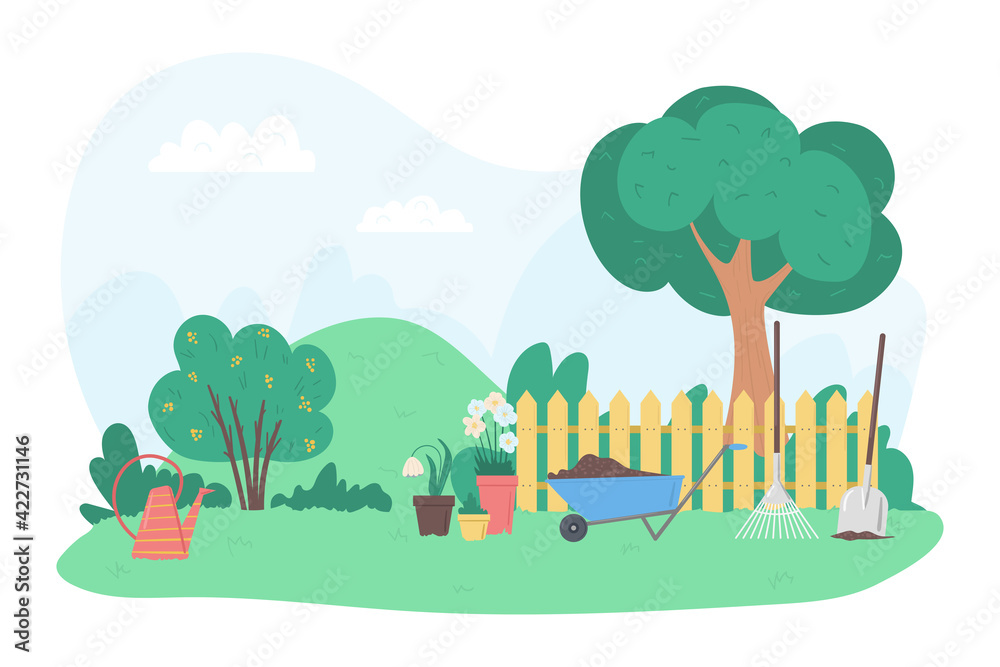 Poster Cartoon Color Gardening Scene and Equipments Concept. Vector