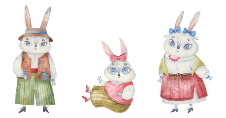 Obraz premium set of family easter bunnies, cute baby watercolor illustration