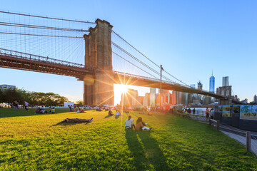People relaxing on grass lawn with view of Brooklyn Bridge and Lower Manhattan skyline.