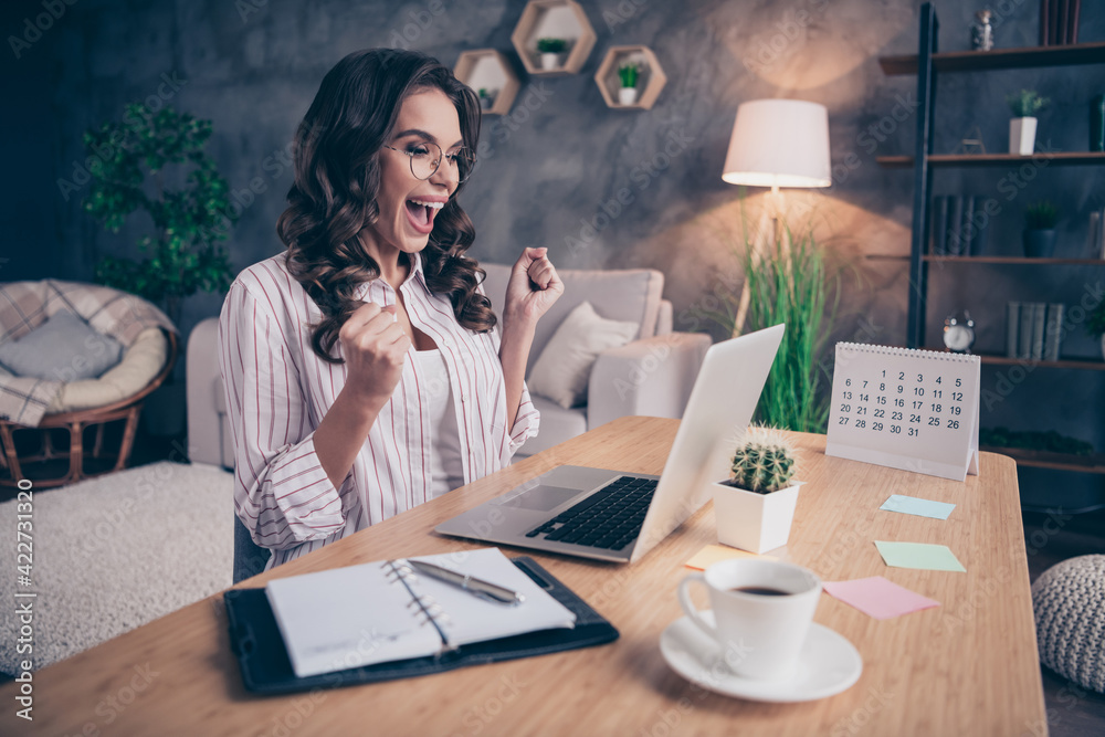 Sticker Profile photo of nice hooray brunette curly hairdo lady wear spectacles white shirt talk laptop alone at home