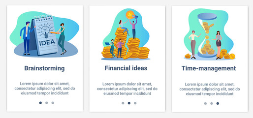 Fototapeta premium Modern flat illustrations in the form of a slider for web design. A set of UI and UX interfaces for the user interface.Brainstorming,financial ideas, and time management.