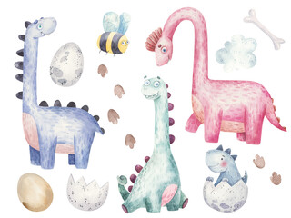 set with dinosaurs with long necks, cute watercolor childrens illustration © Ilona