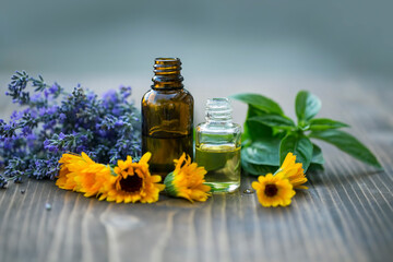 Herbal essential oils with calendula and lavender, aroma and phyto therapy, healing herbs extracts