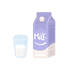 Milk in box and glass of milk. Breakfast preparation concept