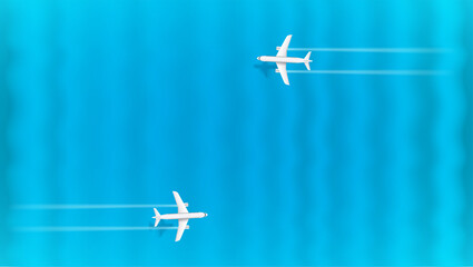Jetliners flying above the blue waves of ocean. Horizontal banner for design with copyspace