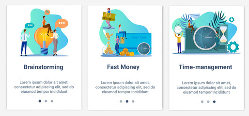 Modern flat illustrations in the form of a slider for web design. A set of UI and UX interfaces for the user interface.Brainstorming,fast money, and time management.
