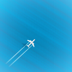Jetliner flight above the blue sea on top speed. Aircraft with turbines trace and shadow. Template for design with copyspace