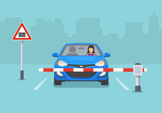 Happy female driver is driving a new modern blue sedan car. Car is reaching the railroad cross with barrier. Isolated flat vector illustration template.