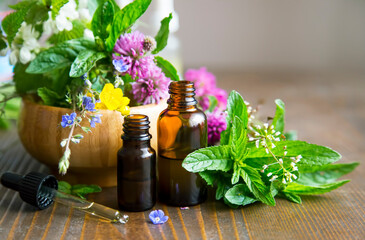 Herbal essential oils, aroma and phyto therapy, healing herbs extracts