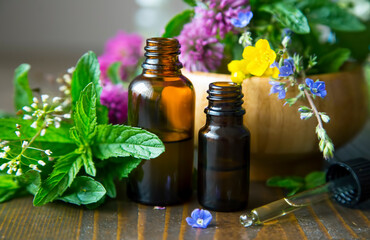 Herbal essential oils, aroma and phyto therapy, healing herbs extracts