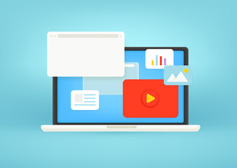 Cute style laptop with opened browser windows on a screen