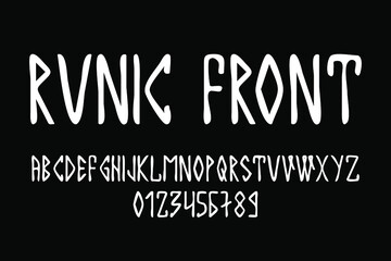 Scandinavian script, in capital letters in the style of nordic runes. Modern design. A magical rune font in the ethnic style of the northern peoples. Latin letters, numbers. Vector illustration. 