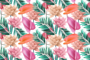 Colourful Seamless Pattern with tropic flowers and leaves.