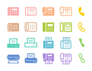 電話、ファックス、スキャナー、プリンターなどのアイコンセット。ピンク、オレンジ、緑、青、紫などのカラフルなイラスト。