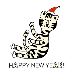 Fototapeta na wymiar Happy New Year. Symbol of 2022. Cute white tiger. Christmas. Vector illustration.Wild animal. Cute animal character idea for child and kid printable stuff and t shirt, greeting card