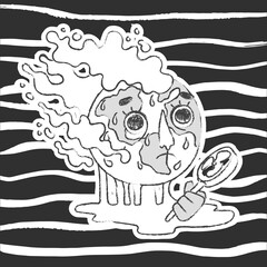 Global warming on earth. Planet sweats and use handle fan. Vector illustration. Poster, print, card. Ecological problem. Anthropomorphic character planet. Greenhouse effect. Black and white colors.