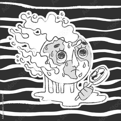 Global Warming On Earth Planet Sweats And Use Handle Fan Vector Illustration Poster Print Card Ecological Problem Anthropomorphic Character Planet Greenhouse Effect Black And White Colors Wall Mural Larisa Vladimirova