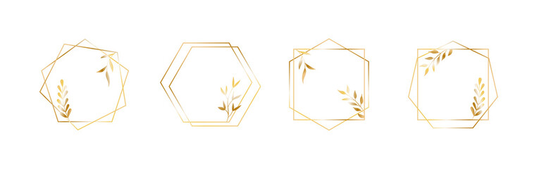Fototapeta na wymiar Golden geometric vector frames with leaves. Thin line haxagon borders for luxury premium design