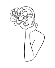 Abstract face with flower rose by one line drawing. Beauty salon logo. Nature symbol of cosmetics. - Vector illustration
