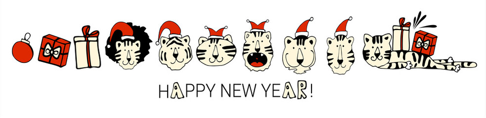 Border of cute Christmas tigers. Vector illustration.Wild animal. Symbol of 2022. Cute animal character idea for child and kid printable stuff and t shirt, greeting card, nursery wall art, postcard
