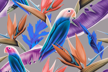 Seamless pattern with Parrots and Tropical Leaves.