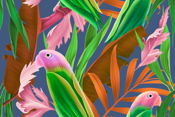 Fototapety  Seamless pattern with Parrots and Tropical Leaves.