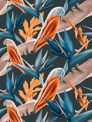 Fototapety  Seamless pattern with Parrots and Tropical Leaves.