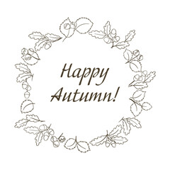 Happy Autumn Greeting postcard with forest oak and hazzel nuts leaves and branches line handdrawn vector illustration