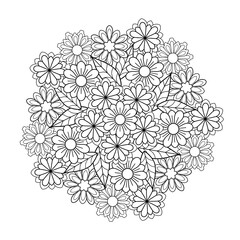 Decorative mandala of different flowers with leaves in the round shape on a white isolated background. For coloring book pages.